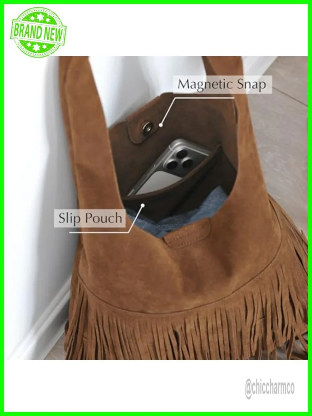 Faux Suede Fringe Hobo Bag with Magnetic Snap Closure